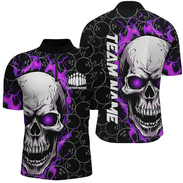 Personalized Skull Bowling Shirt For Men Custom Team'S Name Flame Bowler Jerseys |  Purple IPHW5009