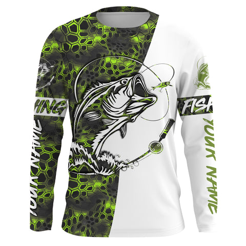 Custom Bass Fishing Long Sleeve performance Camo Fishing Shirts, Personalized Fishing gifts for men | green camo - IPHW2107