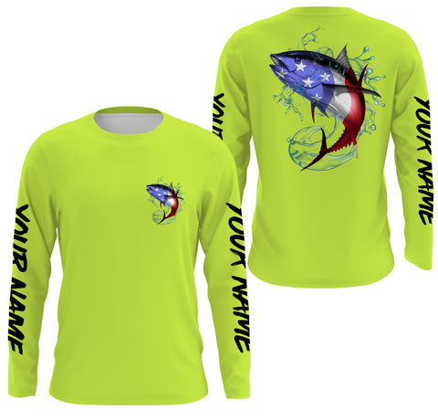 Tuna Fishing American Flag Custom performance Long Sleeve Fishing Shirts, Patriotic Fishing gifts | Lime green - IPHW1803