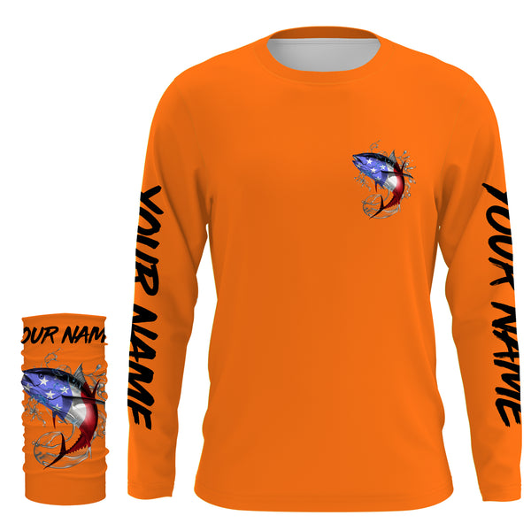 Tuna Fishing American Flag Custom performance Long Sleeve Fishing Shirts, Patriotic Fishing gifts | Orange - IPHW1804