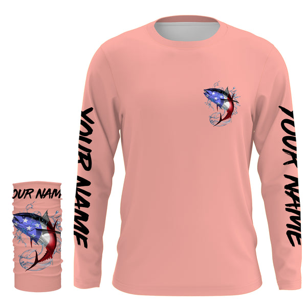 Tuna Fishing American Flag Custom Women Long Sleeve Fishing Shirts, Patriotic Fishing gifts | Peach pink - IPHW1805