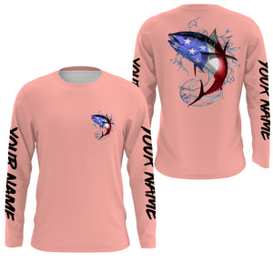 Tuna Fishing American Flag Custom Women Long Sleeve Fishing Shirts, Patriotic Fishing gifts | Peach pink - IPHW1805