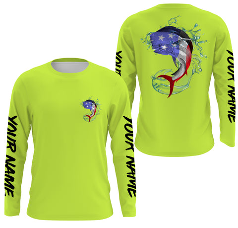 Mahi Mahi Fishing American Flag Custom Long sleeve performance Fishing Shirts, Patriotic Fishing apparel | Neon lime green - IPHW1810