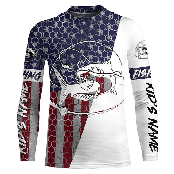 Personalized Catfish Fishing American Flag Fishing Shirts, Catfish Patriotic Fishing Jerseys IPHW4015