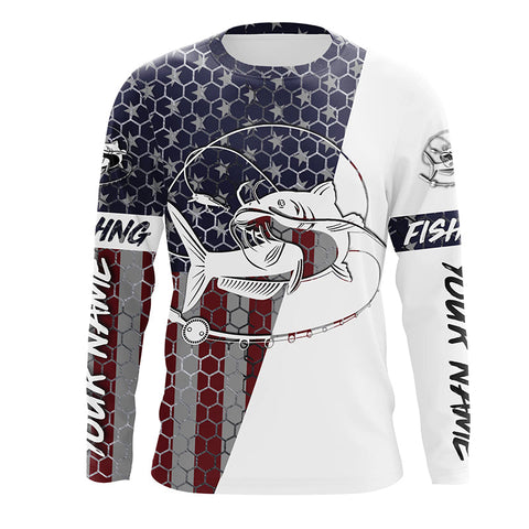 Personalized Catfish Fishing American Flag Fishing Shirts, Catfish Patriotic Fishing Jerseys IPHW4015