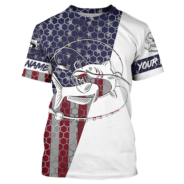 Personalized Catfish Fishing American Flag Fishing Shirts, Catfish Patriotic Fishing Jerseys IPHW4015