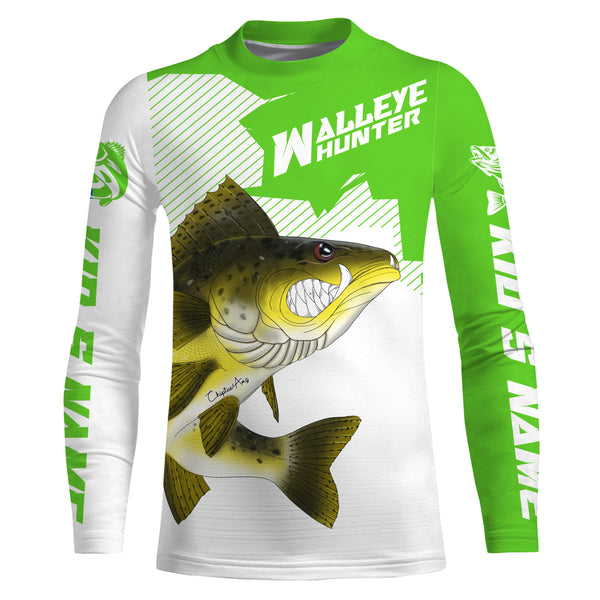 Angry Walleye Custom Long sleeve performance Fishing Shirts, Walleye hunter Fishing jerseys | green IPHW3362