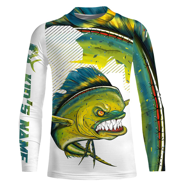 Angry Mahi Mahi Custom Long Sleeve Performance Fishing Shirts, Mahi Mahi Tournament Fishing Shirts IPHW3731