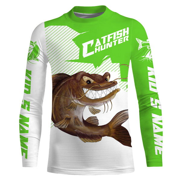 Angry Catfish Custom Long sleeve performance Fishing Shirts, Catfish hunter Fishing jerseys | green IPHW3378