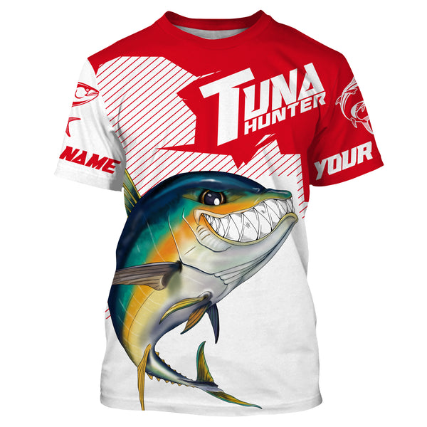Angry Yellowfin Tuna Custom Long sleeve Fishing Shirts, Tuna hunter Fishing jerseys | red IPHW3383