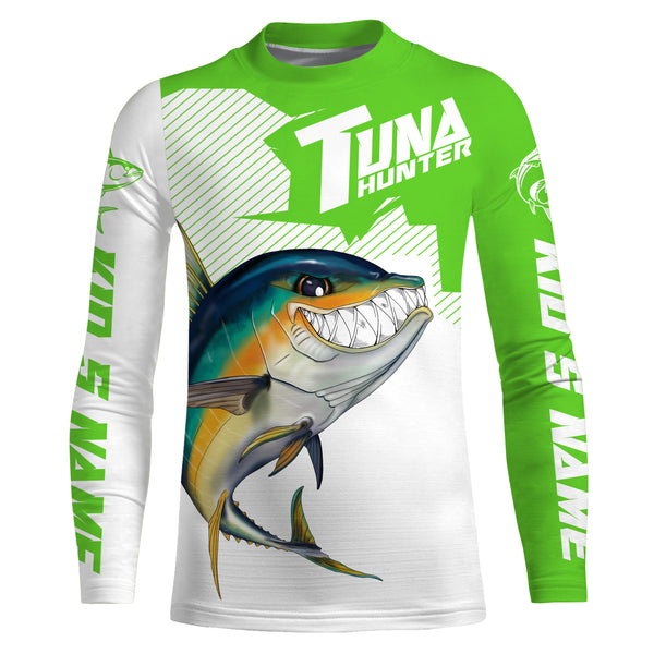 Angry Yellowfin Tuna Custom Long sleeve Fishing Shirts, Tuna hunter Fishing jerseys | green IPHW3384