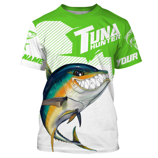 Angry Yellowfin Tuna Custom Long sleeve Fishing Shirts, Tuna hunter Fishing jerseys | green IPHW3384