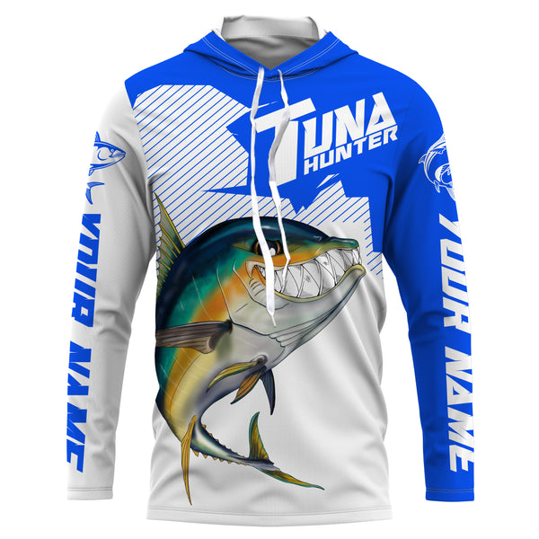 Angry Yellowfin Tuna Custom Long sleeve Fishing Shirts, Tuna hunter Fishing jerseys | blue IPHW3385