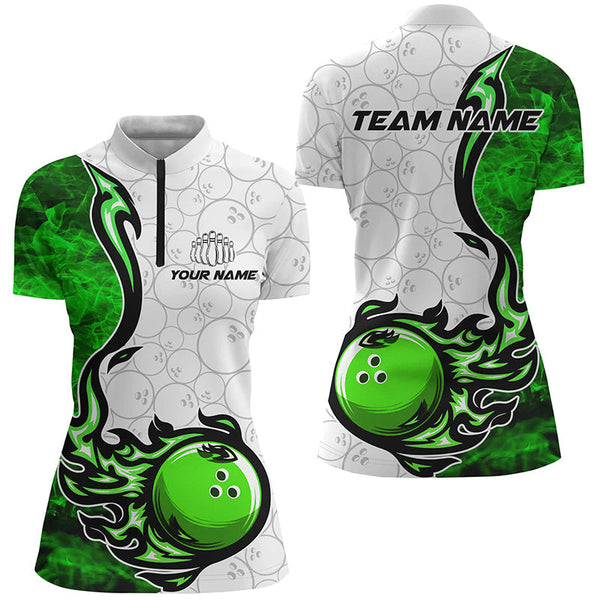 Custom Green Flame Bowling Shirts For Women Bowling Pattern Bowling Team Jerseys Bowlers IPHW5510