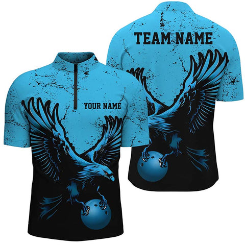 Custom Blue Eagle Men Bowling Quarter Zip Shirts Grunge Vintage Bowling Team Jerseys Outfits IPHW5342