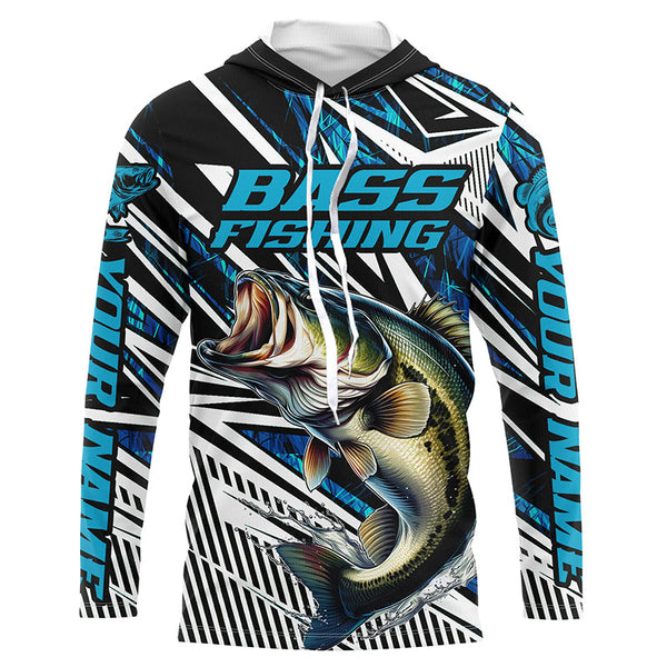 Custom Bass Fishing Camo Long Sleeve Tournament Fishing Shirts, Bass Fishing Jerseys | Blue IPHW5963