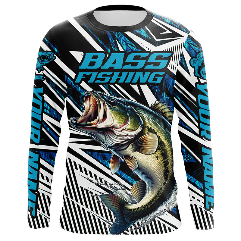 Custom Bass Fishing Camo Long Sleeve Tournament Fishing Shirts, Bass Fishing Jerseys | Blue IPHW5963