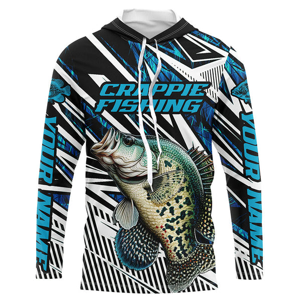 Custom Crappie Fishing Camo Long Sleeve Tournament Fishing Shirts, Crappie Fishing Jerseys | Blue IPHW5964