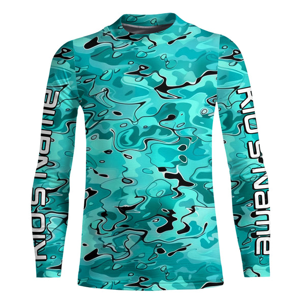 Turquoise Blue Camo Custom Long Sleeve Performance Fishing Shirts, Blue Camouflage Fishing Jerseys IPHW5970