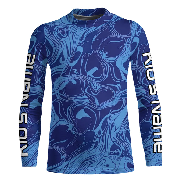 Water Pattern Camo Custom Long Sleeve Performance Fishing Shirts, Blue Camo Fishing Jerseys IPHW5973