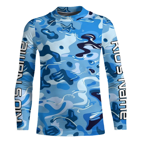 Blue Water Camo Custom Long Sleeve Performance Fishing Shirts, Sun Protection Fishing Jerseys IPHW5975