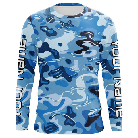 Blue Water Camo Custom Long Sleeve Performance Fishing Shirts, Sun Protection Fishing Jerseys IPHW5975