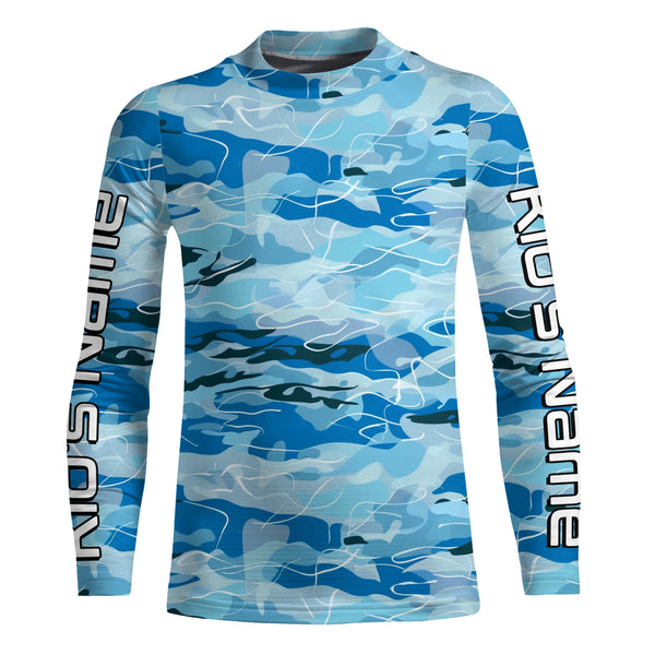 Blue Water Camo Custom Long Sleeve Performance Fishing Shirts, Sun Protection Fishing Jerseys IPHW5976
