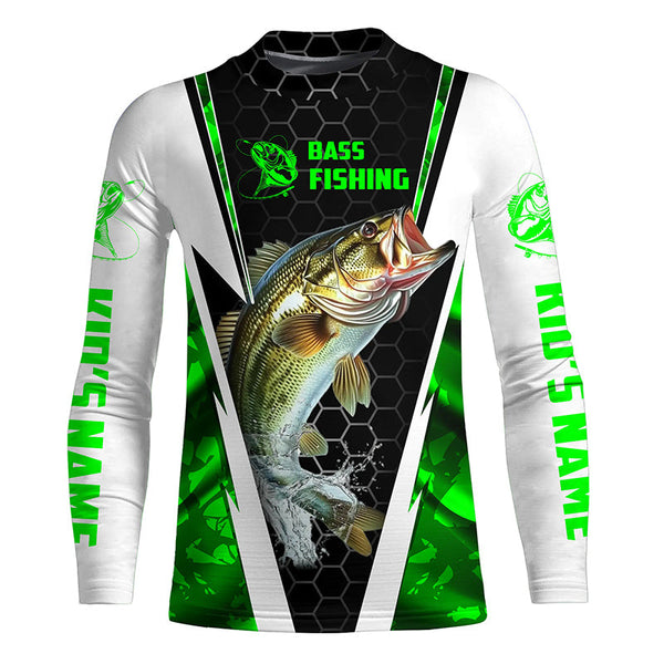 Personalized Bass Fishing Sport Jerseys, Bass Fishing Long Sleeve Tournament Shirts | Green Camo IPHW4403