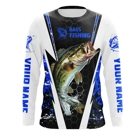 Personalized Bass Fishing Sport Jerseys, Bass Fishing Long Sleeve Tournament Shirts | Blue Camo IPHW4404
