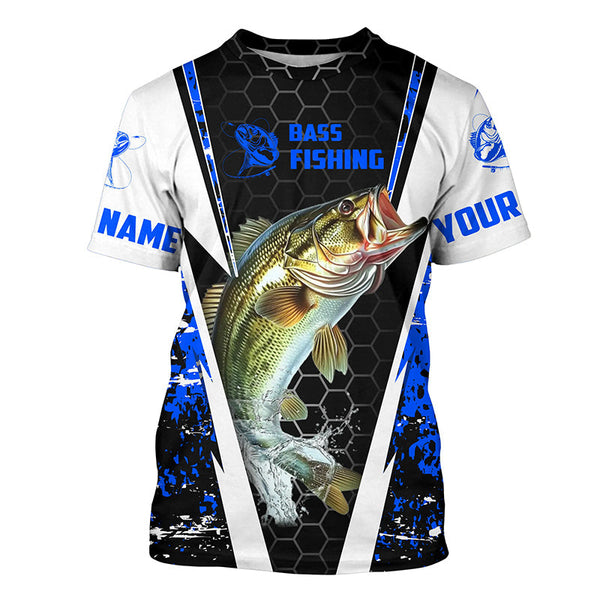Personalized Bass Fishing Sport Jerseys, Bass Fishing Long Sleeve Tournament Shirts | Blue Camo IPHW4404