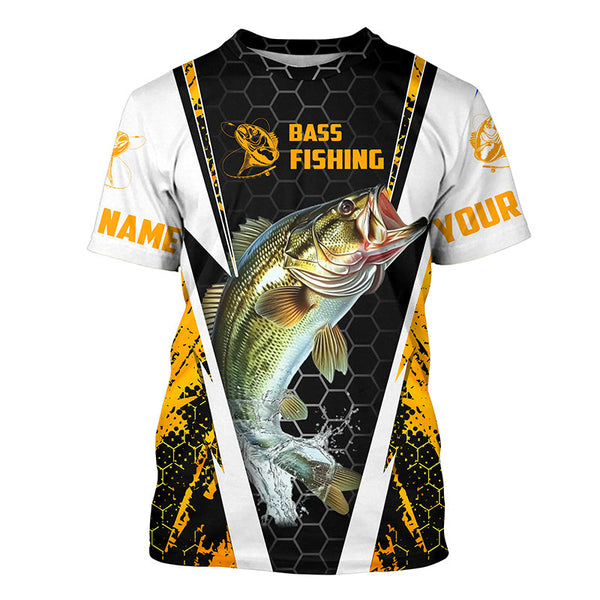 Personalized Bass Fishing Sport Jerseys, Bass Fishing Long Sleeve Tournament Shirts | Yellow Camo IPHW4406