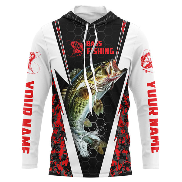 Personalized Bass Fishing Sport Jerseys, Bass Fishing Long Sleeve Tournament Shirts | Red Camo IPHW4407