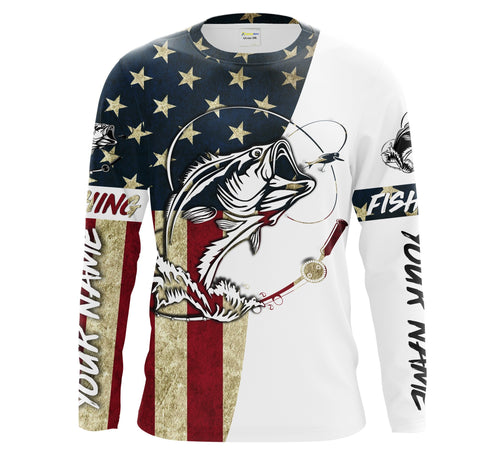 Personalized Bass Fishing American Flag Long Sleeve Fishing Shirts, Patriotic Fishing gifts - IPHW1076