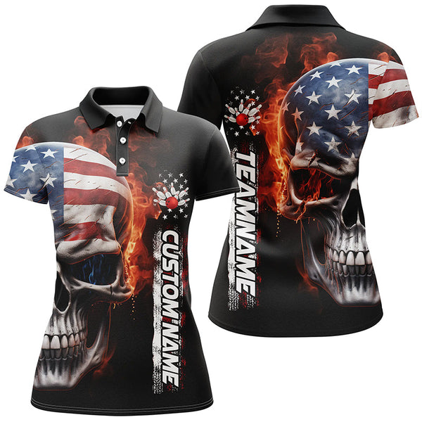Flame Skull American Flag Custom Women's Team Bowling Shirts, Patriotic Bowling Shirt  IPHW5179