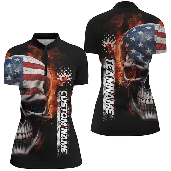 Flame Skull American Flag Custom Women's Team Bowling Shirts, Patriotic Bowling Shirt  IPHW5179