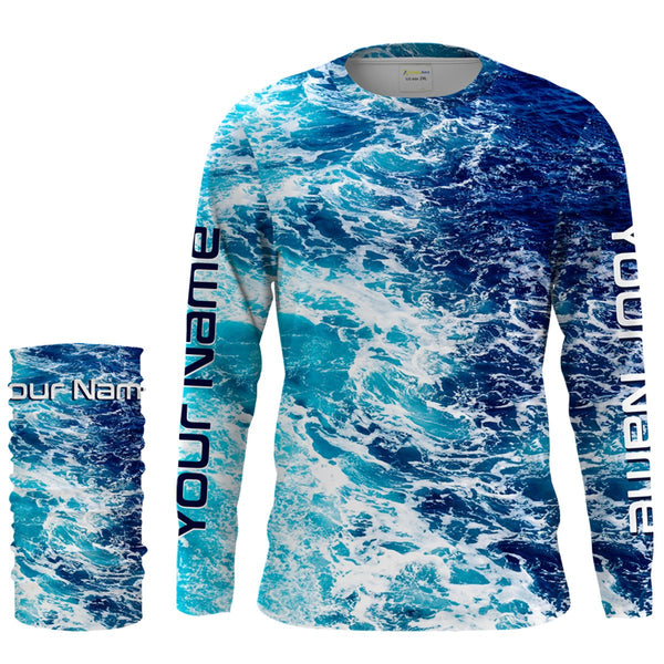 Custom Saltwater Long sleeve Fishing Shirts UV Protection, Sea wave camo Fishing Shirts - IPHW878