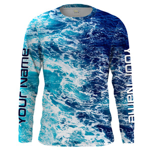 Custom Saltwater Long Sleeve Fishing Shirts UV Protection, Sea Wave Camo Fishing Shirts - IPHW878 Kid Long Sleeves UPF / S
