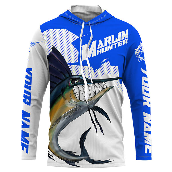 Marlin hunter Fishing jerseys, Custom Angry Marlin Long sleeve performance Fishing Shirts |blue IPHW3407