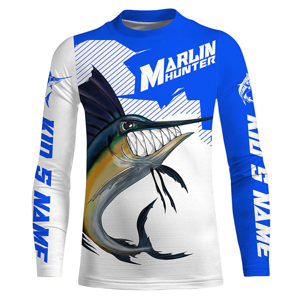 Marlin hunter Fishing jerseys, Custom Angry Marlin Long sleeve performance Fishing Shirts |blue IPHW3407