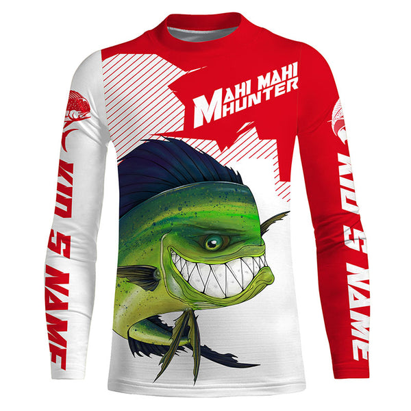 Mahi Mahi hunter Fishing jerseys, Custom Angry Mahi Long sleeve performance Fishing Shirts |red IPHW3408
