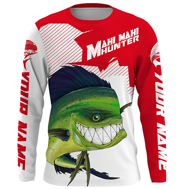 Mahi Mahi hunter Fishing jerseys, Custom Angry Mahi Long sleeve performance Fishing Shirts |red IPHW3408