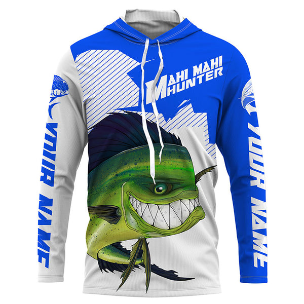 Mahi Mahi hunter Fishing jerseys, Custom Angry Mahi Long sleeve performance Fishing Shirts |blue IPHW3410