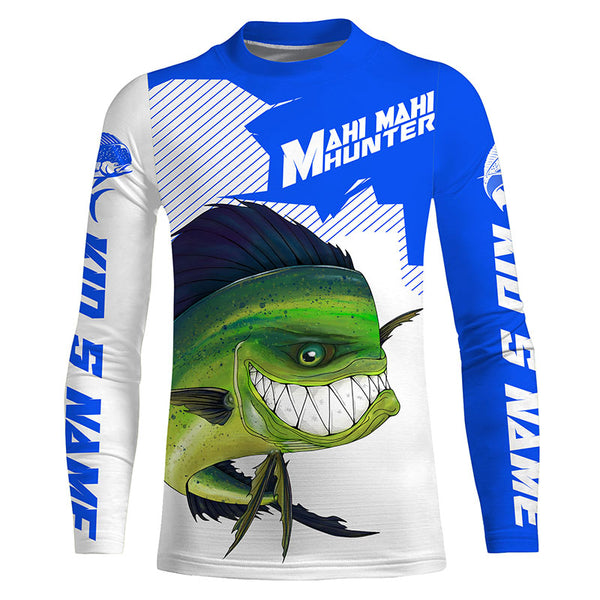 Mahi Mahi hunter Fishing jerseys, Custom Angry Mahi Long sleeve performance Fishing Shirts |blue IPHW3410