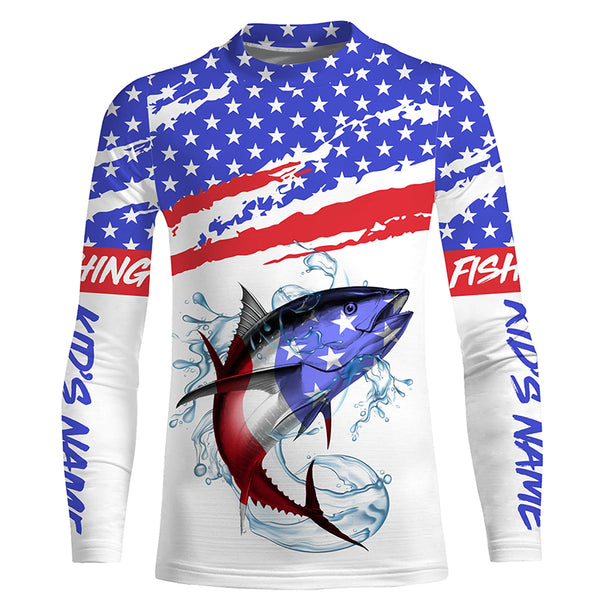 Personalized Tuna American Flag Uv Protection Fishing Shirts, Tuna Saltwater Fishing Shirt IPHW3755