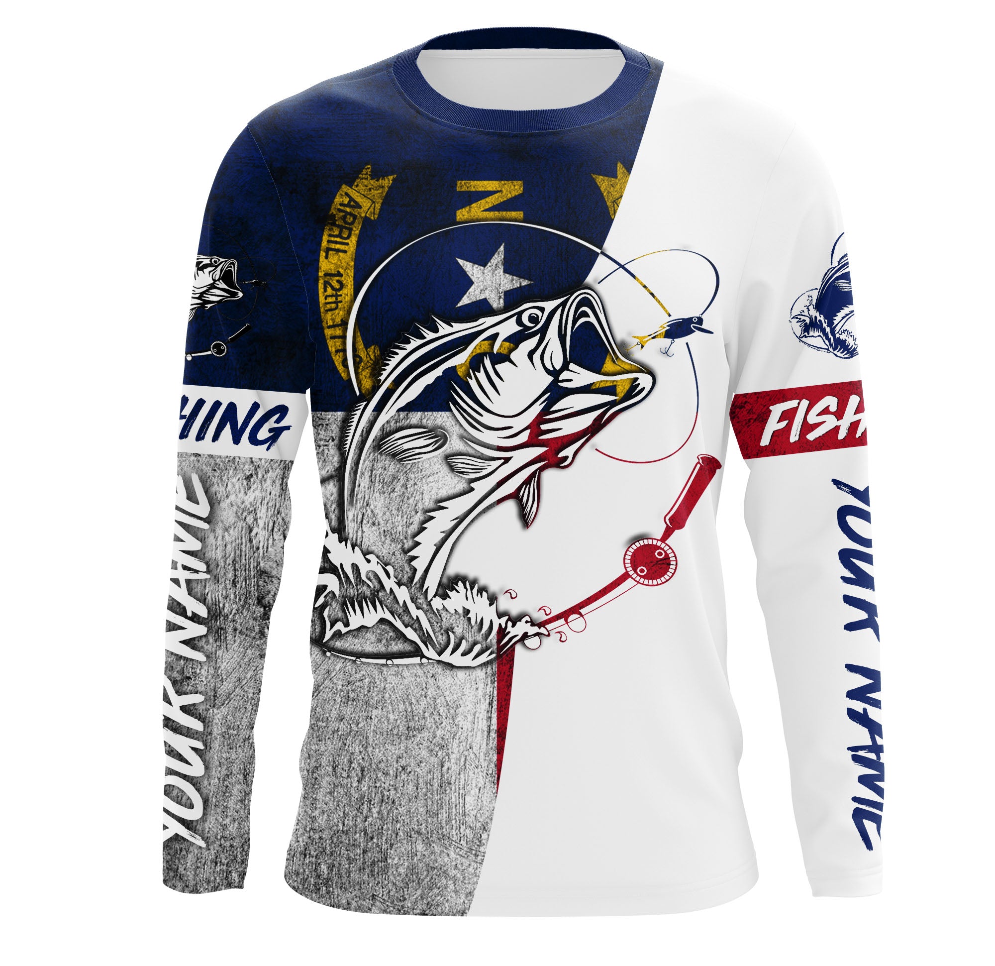 North Carolina Bass Fishing NC Flag Custom Long Sleeve Fishing Shirts, Bass Fishing Jerseys IPHW2927 T-Shirt UPF / L