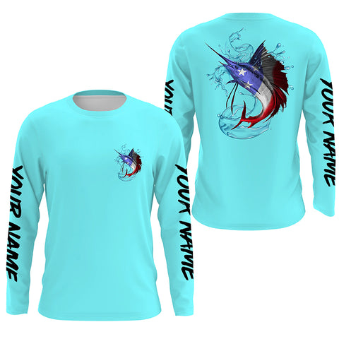 American Flag Patriotic Sailfish Fishing Shirts, Sailfish Saltwater Custom Fishing Shirt | Sky Blue IPHW3775