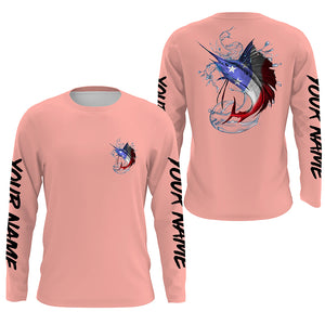 American Flag Patriotic Sailfish Fishing Shirts, Sailfish Saltwater Custom Fishing Shirt | Peach Pink IPHW3777