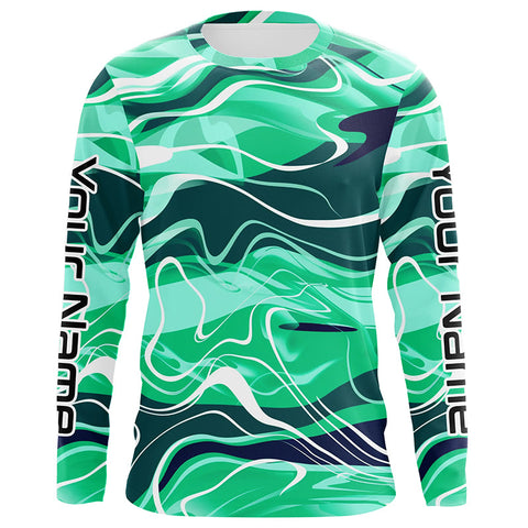 Green Water Waves Camo Custom Long Sleeve Performance Fishing Shirts For Men Women, Fishing Jerseys IPHW5865
