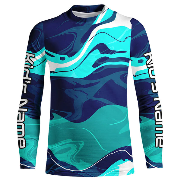 Blue And Green Water Camo Custom Long Sleeve Performance Fishing Shirts For Men, Women And Kids IPHW5870