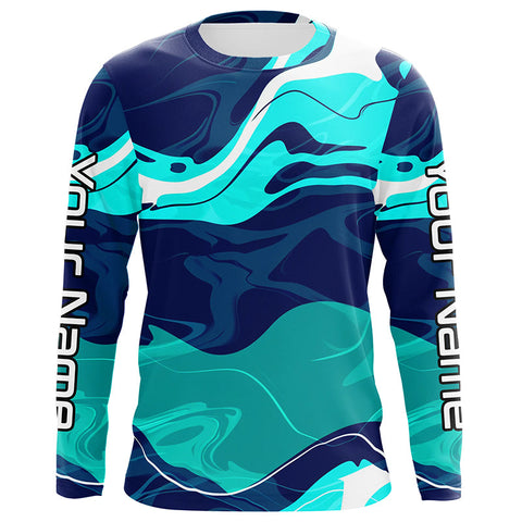 Blue And Green Water Camo Custom Long Sleeve Performance Fishing Shirts For Men, Women And Kids IPHW5870